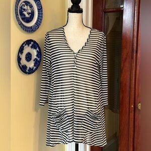 Lynn Ritchie Silver | Black & White Striped Sheer Tunic Top with Pockets
